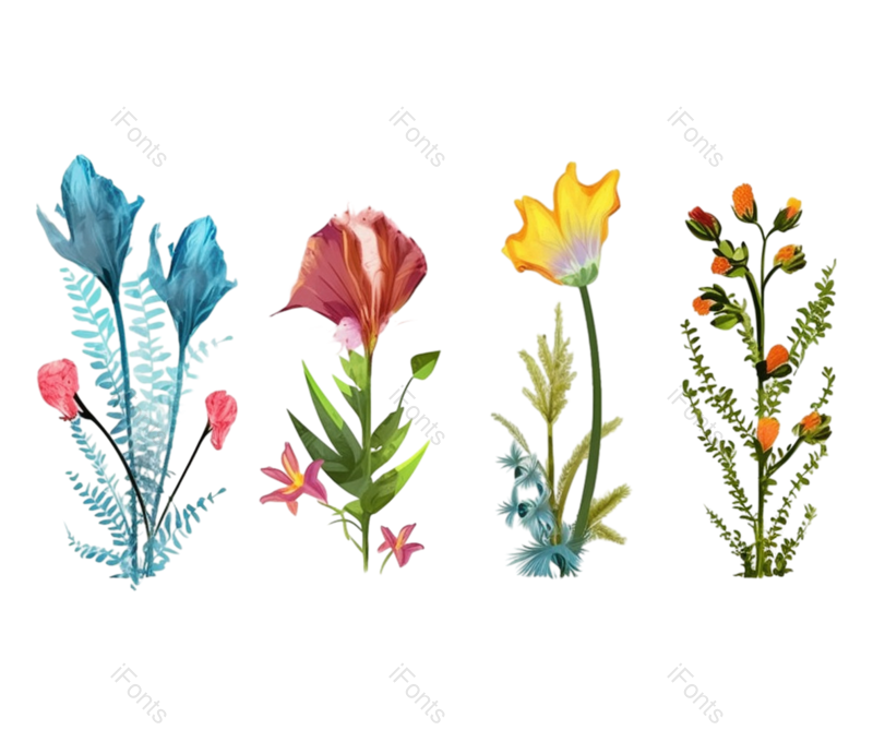 叶子图片,红色花元素,唯美PNG,蓝色花免抠素材